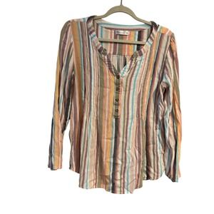 89th + Madison Womens Large Multi Color Vertical Stripe Henley Blouse Top L/S